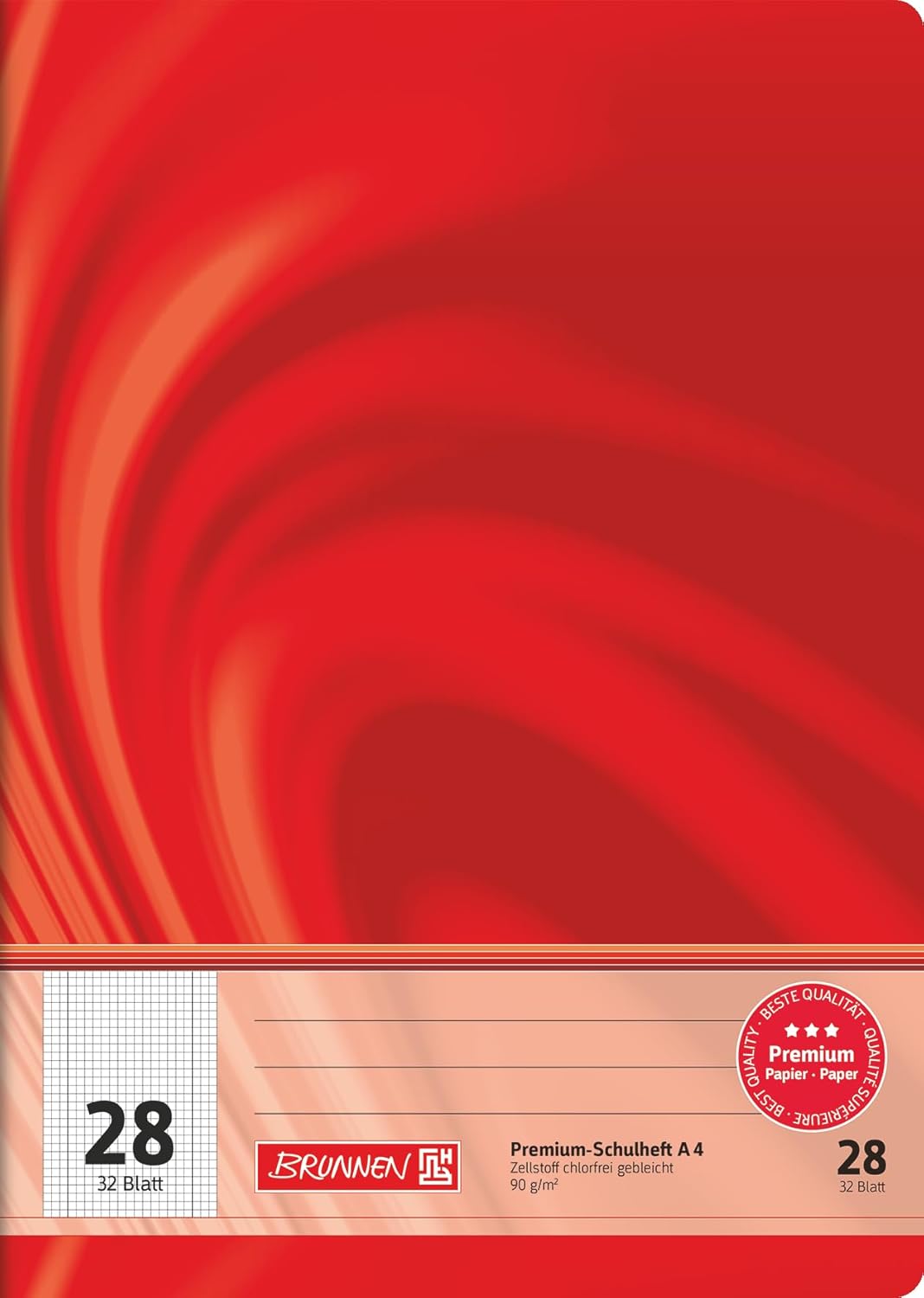 BRUNNEN Premium Schulheft A4 - Rot | 32 Blatt kariert | Qualitätspapier für Schule & Studium