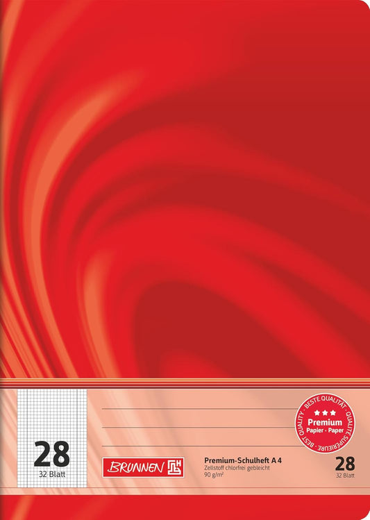BRUNNEN Premium Schulheft A4 - Rot | 32 Blatt kariert | Qualitätspapier für Schule & Studium