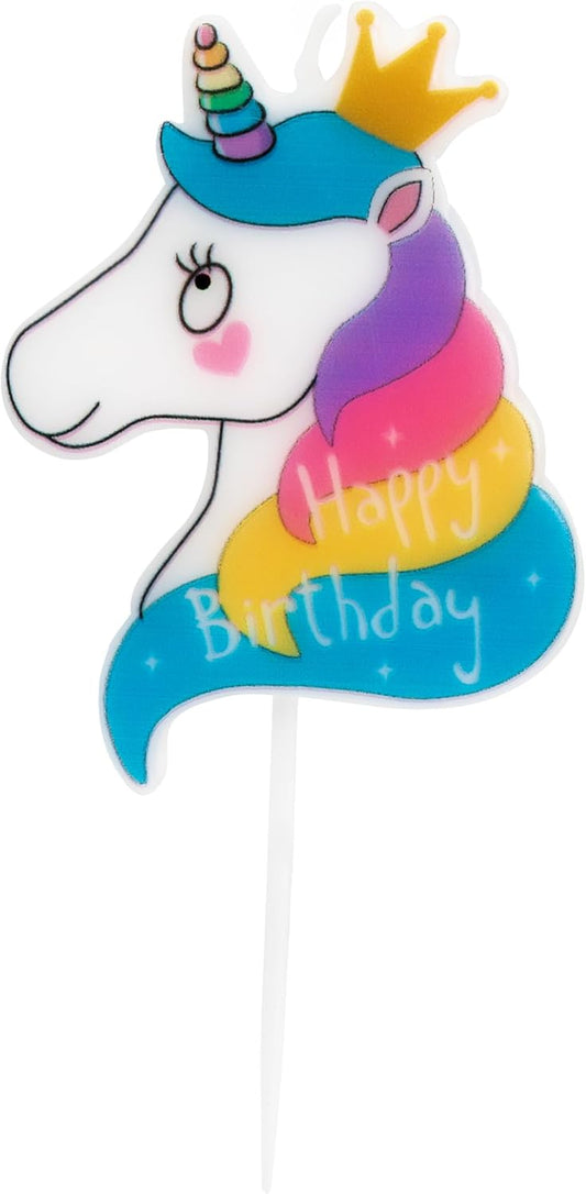 Idena 50096 - Partykerze Einhorn Happy Birthday, Geburtstagskerze aus Paraffinwachs, lebensmittelecht, Größe Motiv ca. 6 x 4 x 0,8 cm, Länge Spieß ca. 3 cm