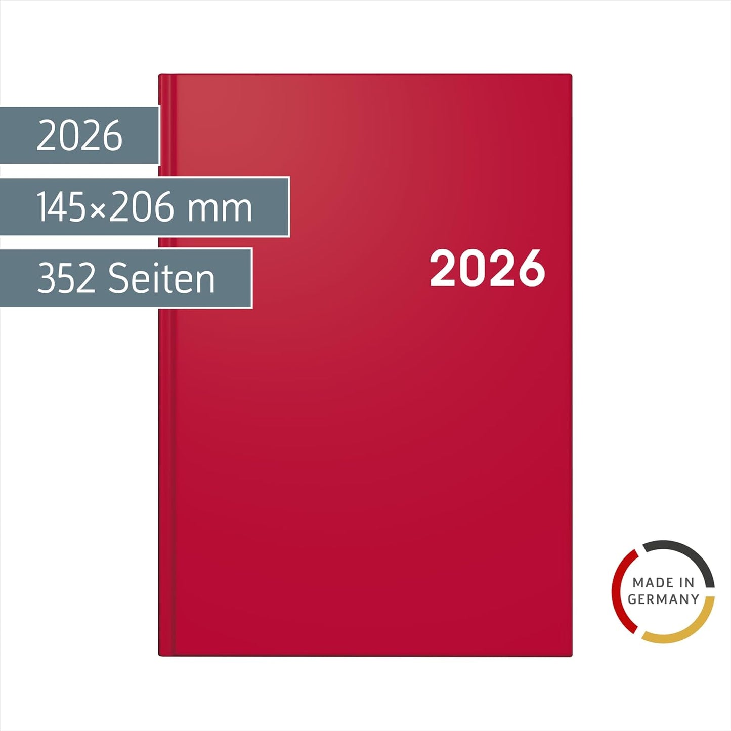 Tageskalender 2026 A5 - Sechssprachiger Terminplaner mit rotem Einband