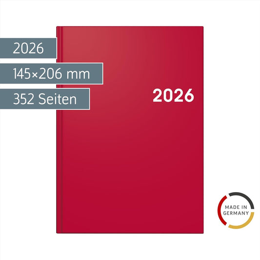 Tageskalender 2026 A5 - Sechssprachiger Terminplaner mit rotem Einband