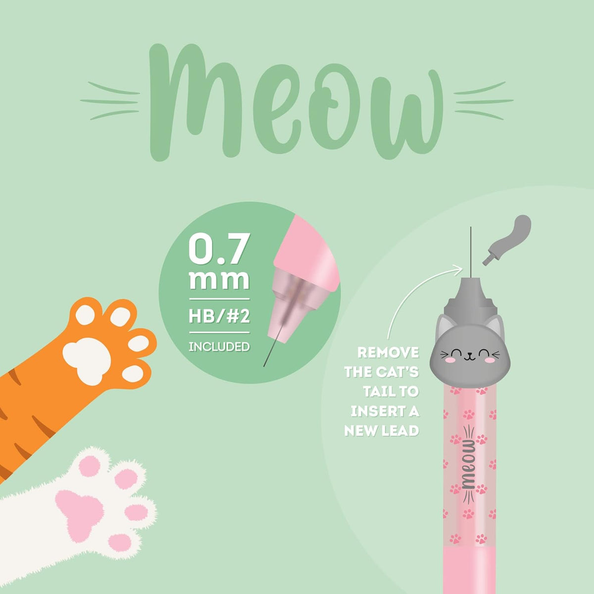 Legami Meow Druckbleistift – 0,7 mm HB, ergon. Griff, Katze