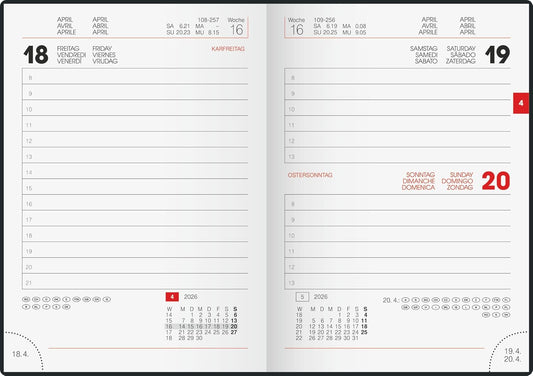 Taschenkalender 736 10x14cm 1 Tag/Seite Kunststoff schwarz 2026
