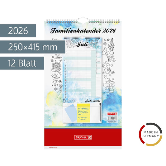 Familienkalender 2026 - Aquarell Design 25x42cm mit praktischer Sammeltasche