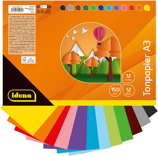 Premium Tonpapier DIN A3 - 12 lebendige Farben, 150g/m² FSC-zertifiziert