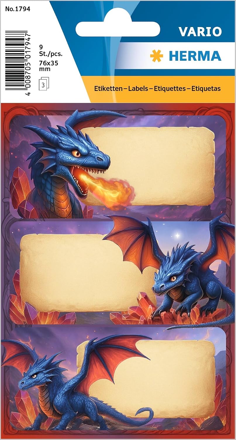 HERMA 1794 Schuletiketten Dragon, 9 Aufkleber blanko