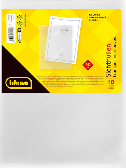 Idena Sichthüllen DIN A4 genarbt 90µm 10er-Pack | PP-Folie