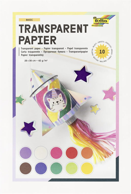 folia Transparentpapier 42g/m² - 10 Blatt in bunten Farben (20x30cm)