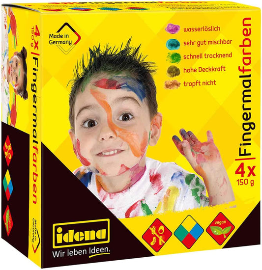 Idena Fingermalfarben Set 4 Farben - Wasserlöslich & Allergikerfreundlich - 4x150g