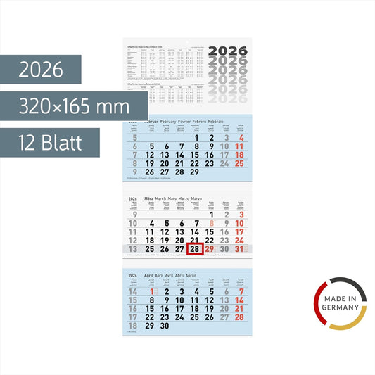 3-Monatskalender 2026 - Wandkalender 32x75cm mit Datumsschieber