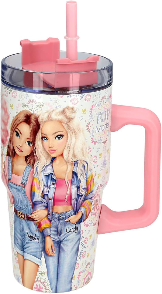 Depesche 14032 TOPModel Festival Fun - to-Go Becher aus Edelstahl, in Creme und Rosa, mit Model Motiv und Blumen-Muster, Getränkebecher mit Strohhalm, Isolierung und Griff, Fassungsv. Ca. 500 ml