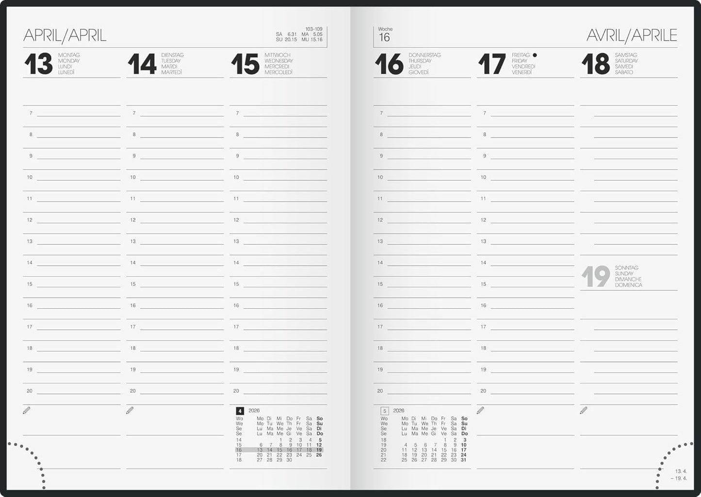 Taschenkalender 2026 A5 - Wochenplaner mit 4-sprachigem Kalendarium