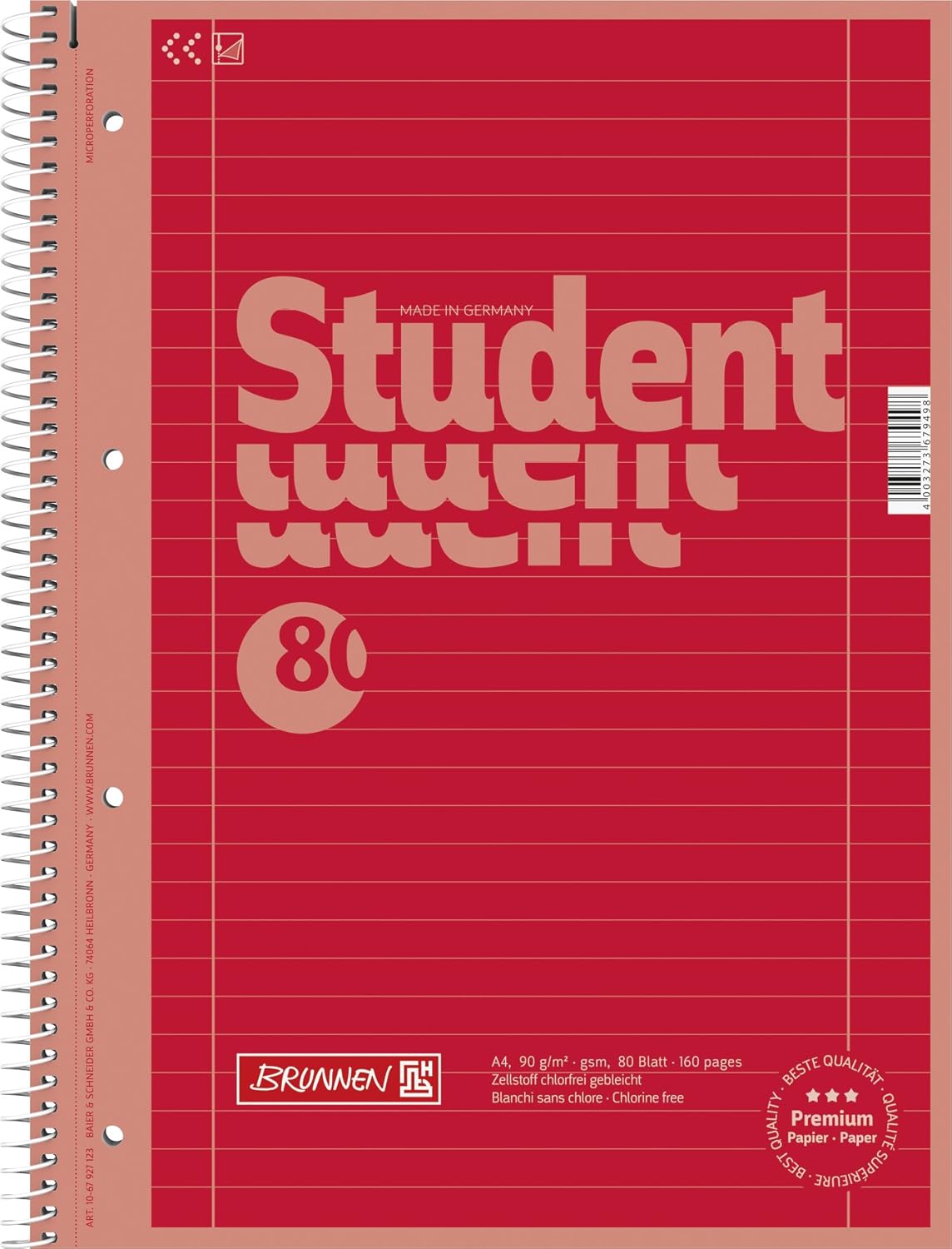 BRUNNEN Premium Collegeblock A4 - Rot mit Matt-Glanz-Effekt, 80 Blatt Premiumpapier