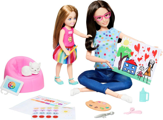 Barbie Kunsttherapeutin Puppe - Rollenspielset mit interaktiven Funktionen und Zubehör für kreative Geschichtenerzählung, inklusive Kleinkind-Puppe und Kätzchen, für Kinder ab 3 Jahren, HRG48