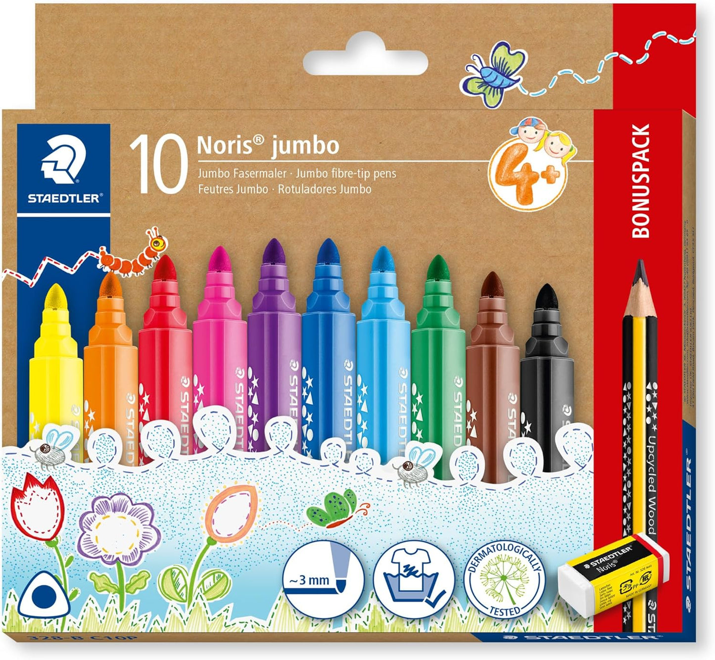 STAEDTLER Noris jumbo 10 Fasermaler + Bleistift + Radierer