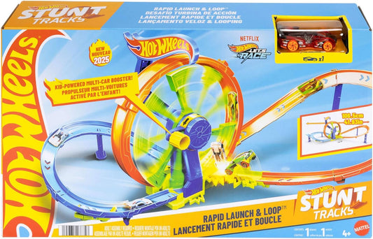 Mattel Hot Wheels Spielzeugauto Streckenset, Schnellstart- und Looping-Spielset und Die-Cast-Fahrzeug im Maßstab 1:64, Streckenset mit 8er-Kurve, Crash-Zone und Looping-Kicker, JBX65