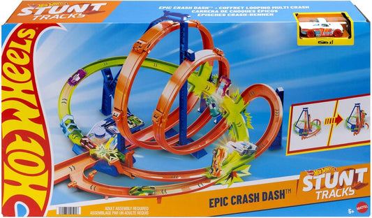 Mattel Hot Wheels Track Set, Episches Crash-Rennen mit 5 Crash-Zonen, motorisiertem Beschleuniger und 1 Hot Wheels Auto im Maßstab 1:64, leicht aufzubewahren, HTP55