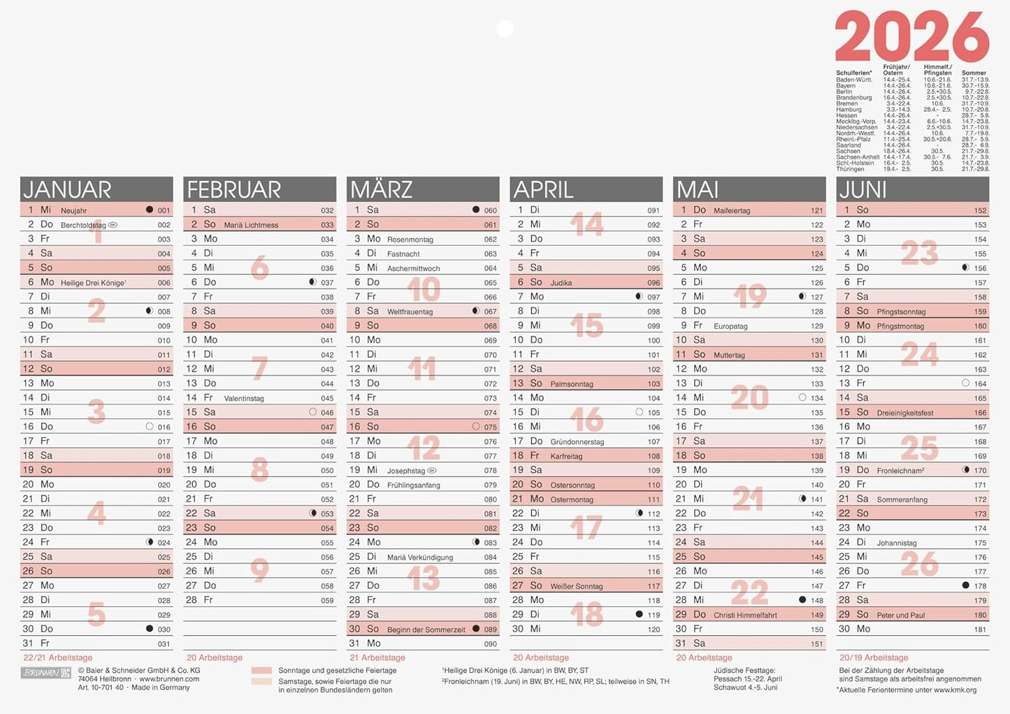 Kalender 2026 A4 quer - Jahresplaner mit Tageszählung und Ferienterminen