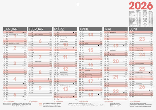 Kalender 2026 A4 quer - Jahresplaner mit Tageszählung und Ferienterminen