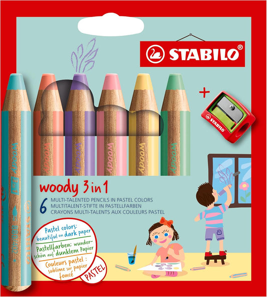 STABILO Woody 3 in 1 - 6er Pack Pastellfarben mit Spitzer