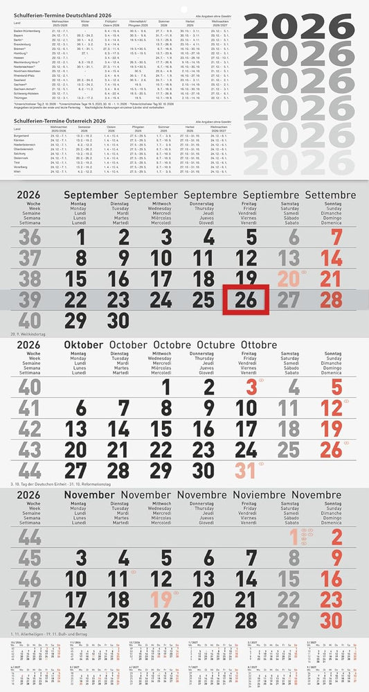BRUNNEN Dreimonatskalender 2026 - 12 Blatt Wandkalender mit Datumsschieber