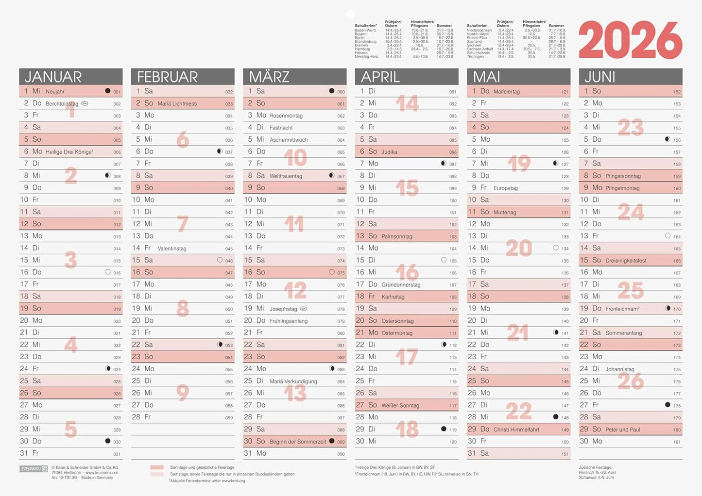Tischkalender A3 2026 - Wochenplaner mit 6 Monatsübersicht