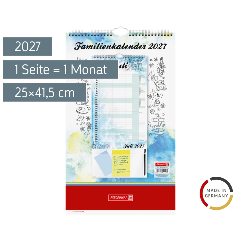BRUNNEN Familienkalender 2027 Aquarell, 5 Spalten, 25 × 41,5 cm