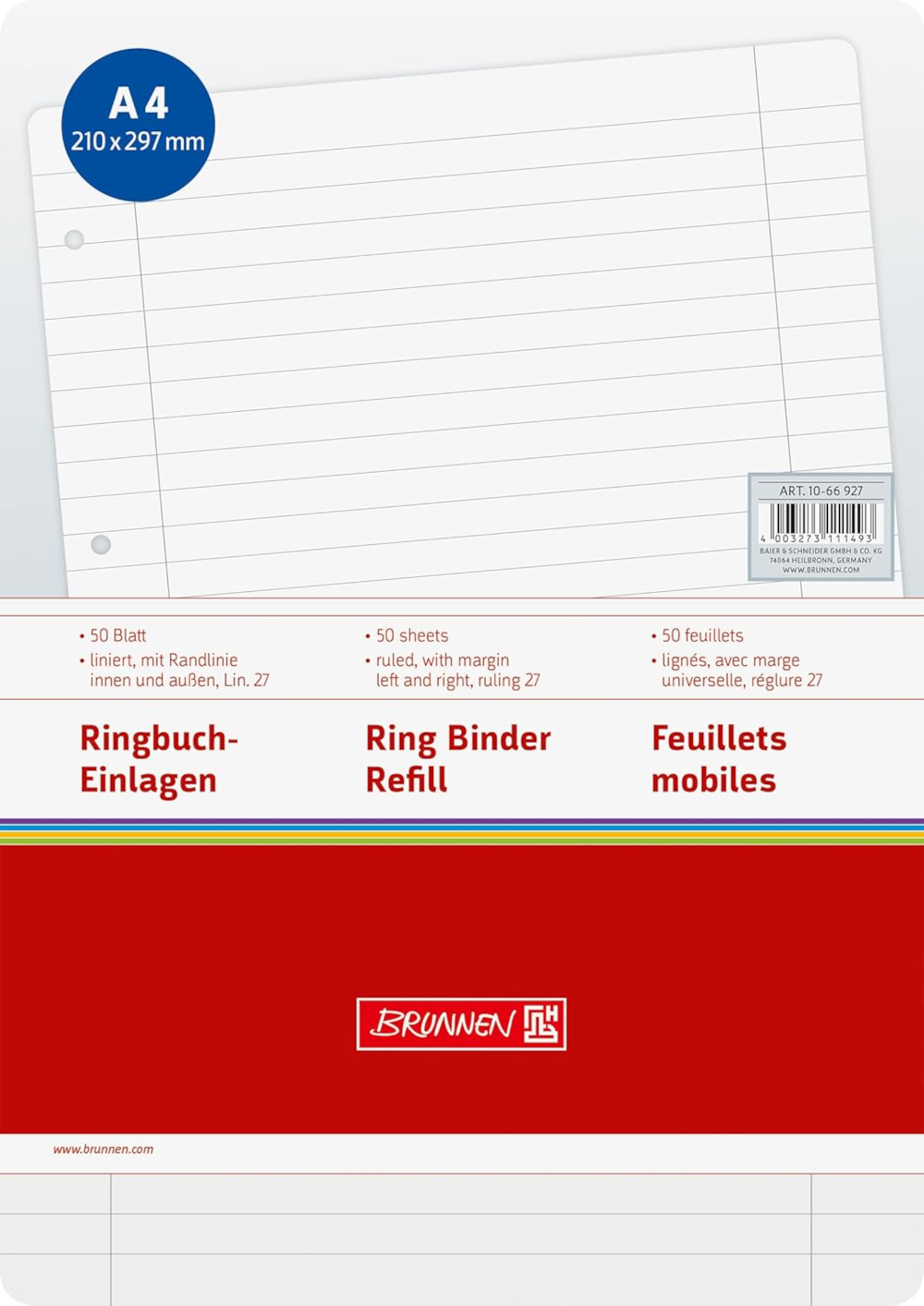 BRUNNEN Ringbucheinlagen A4 liniert Lin. 27 – 50 Blatt