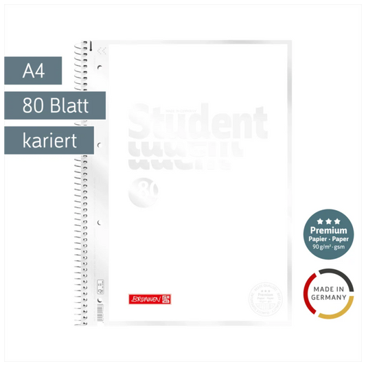 BRUNNEN Premium Collegeblock A4 - 80 Blatt kariert mit Spiralbindung