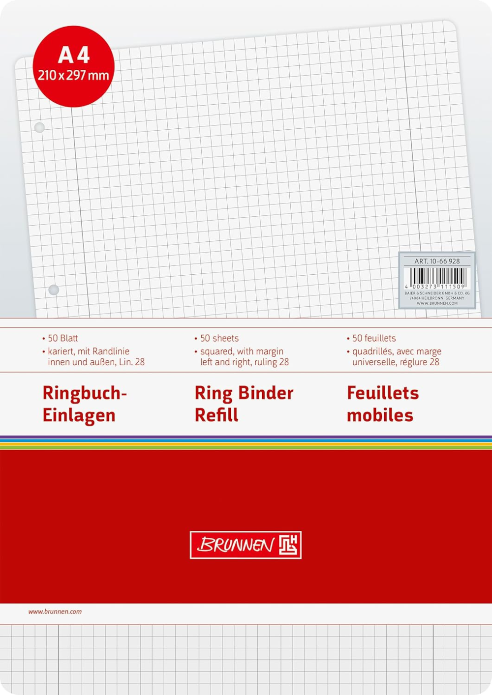 BRUNNEN Ringbucheinlagen A4 kariert Lin. 28 – 50 Blatt