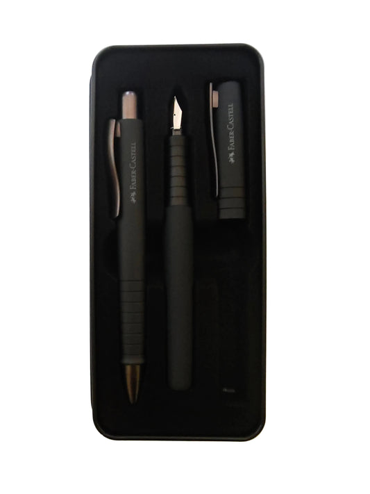 Faber-Castell Poly Ball/Pen Geschenkset - Elegantes Schreibset mit Füller und Kugelschreiber All Black