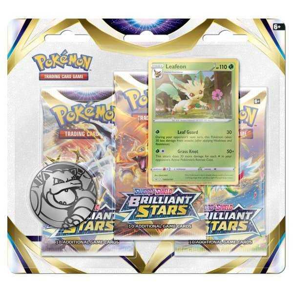Pokémon - Sword & Shield Brilliant Stars 3-Pack Blister - Leafeon englisch cards - EN - 3 Boosterpacks - Peer Online Shop